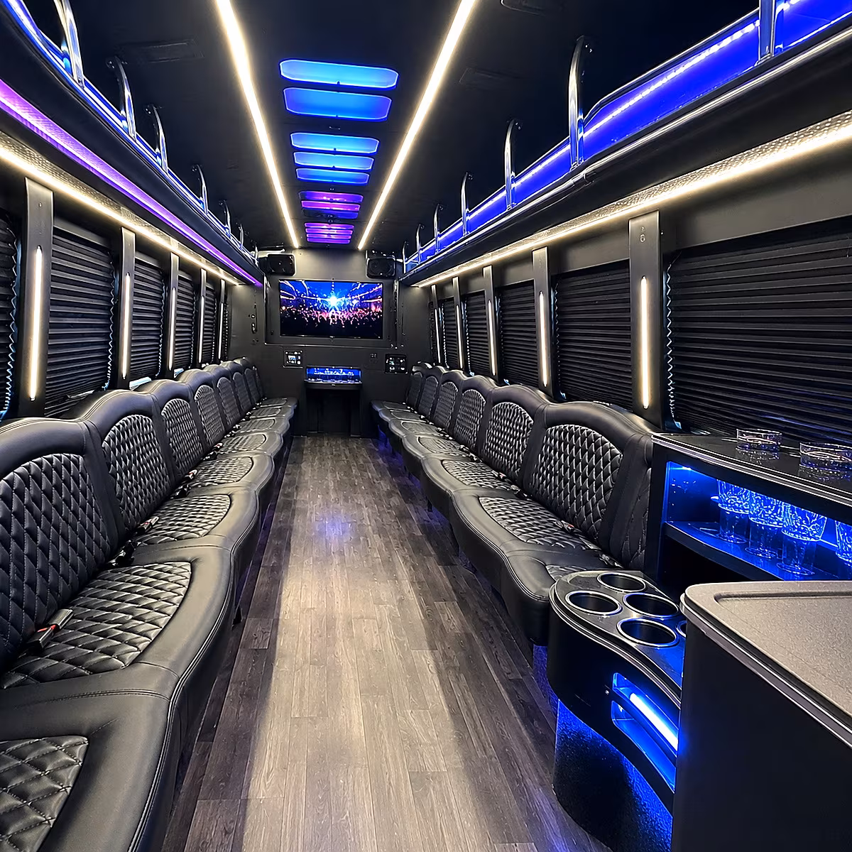 Group beside a Mercedes Sprinter limo in Burbank