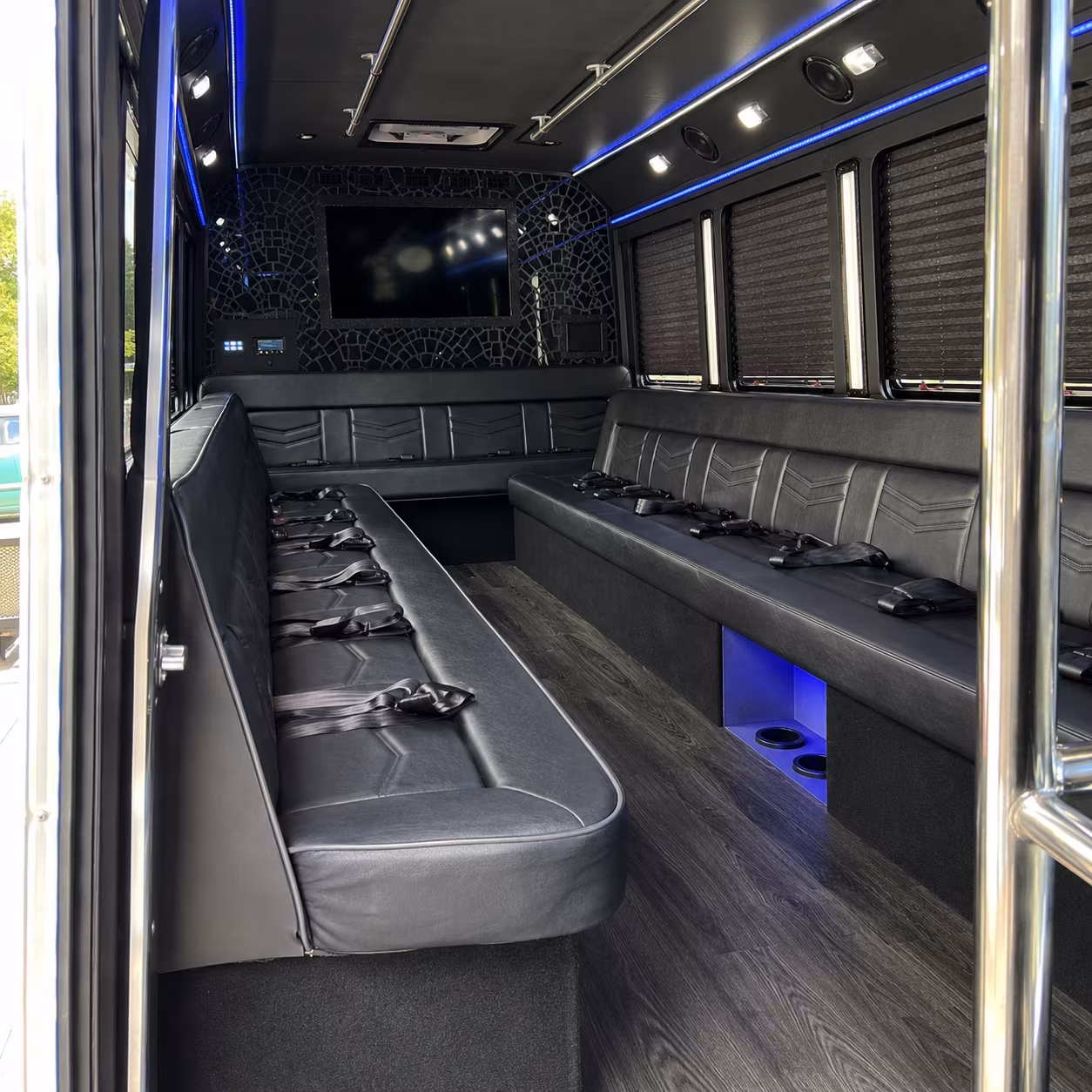 Passenger seating aboard a party bus rental serving Burbank